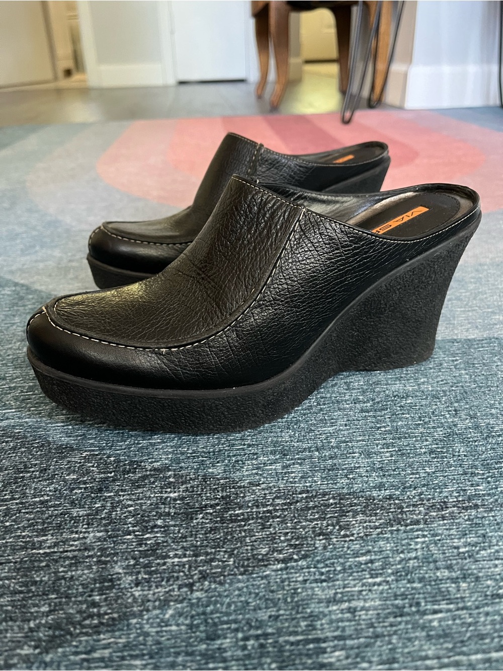 Via Spiga Black Leather Wedge Mule Clogs